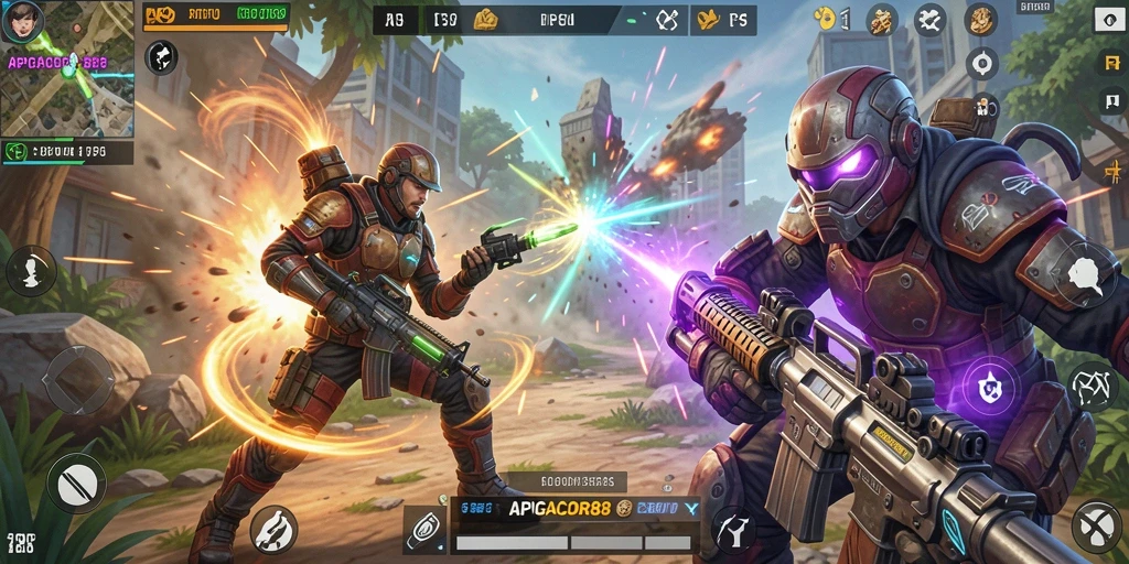 Screenshot utama APIGACOR88 menampilkan aksi pertarungan yang intens dalam TPS.