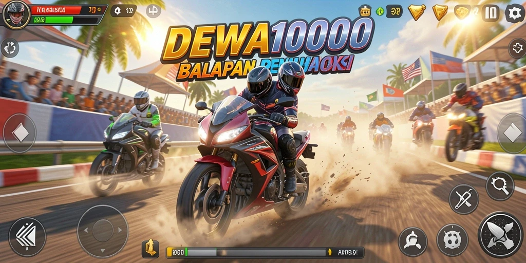 Tampilan gameplay seru DEWA1000 dengan motor balap kencang.