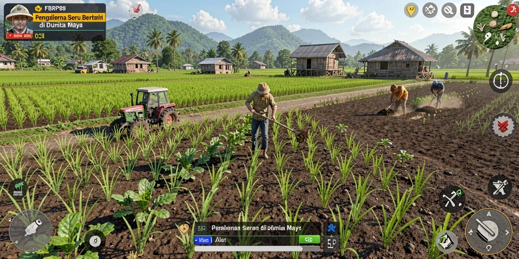 Tampilan gameplay FBRP88 dengan aktivitas bertani yang asyik.