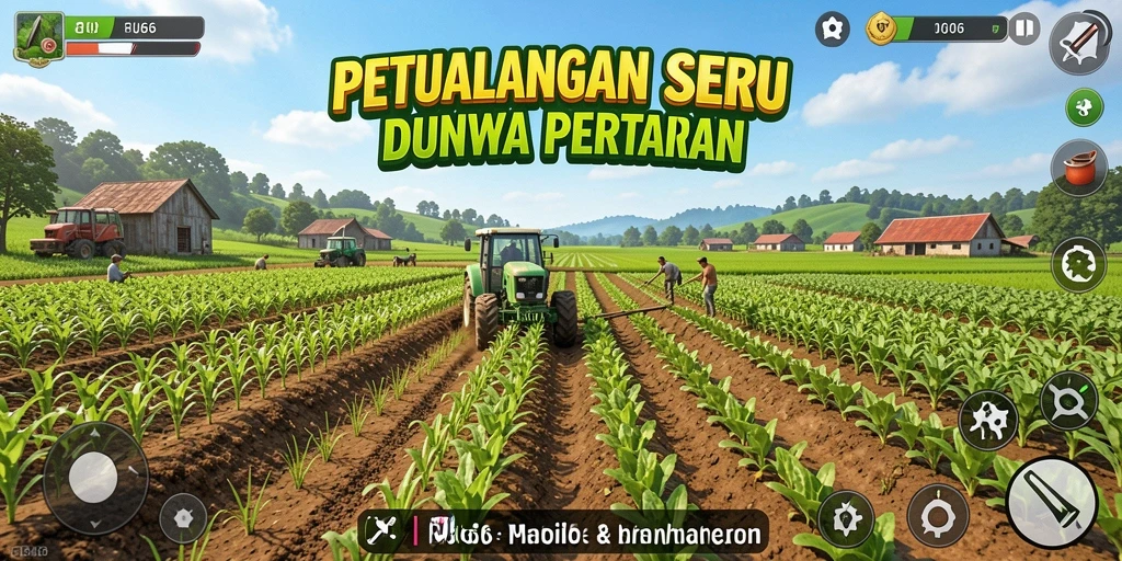 Screenshot gameplay FUJI66 menampilkan kebun yang rimbun dan hewan ternak.