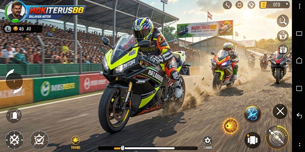 Screenshot HOKITERUS88 menunjukkan aksi balapan motor yang mendebarkan dan grafis yang tajam.