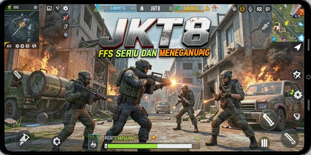 Tampilan gameplay JKT8 yang menegangkan dan penuh aksi di medan perang.