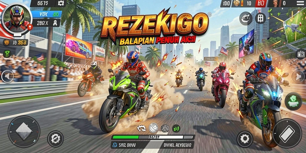 Tampilan gameplay seru dalam balapan motor REZEKIGO yang mendebarkan.
