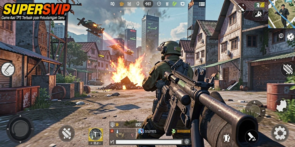 Screenshot gameplay SUPERSVIP menunjukkan aksi seru dalam pertempuran TPS.